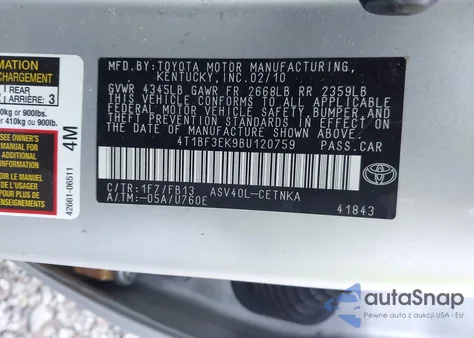 2011 Toyota Camry Le from USA, damaged, VIN 4T1BF3EK9BU120759